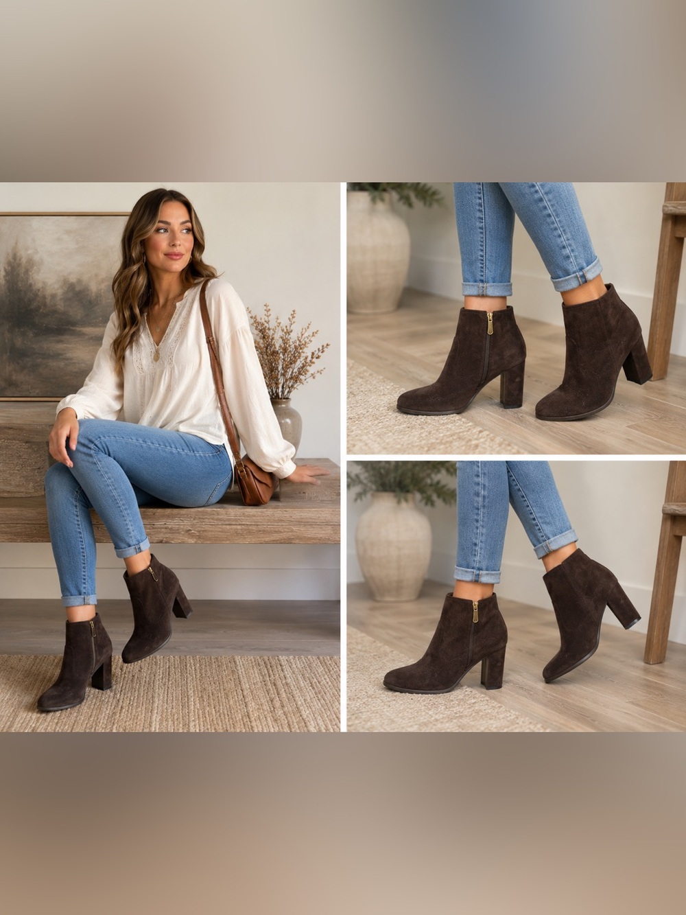Tommy Hilfiger Brown Suede Ankle Booties Block Heel Western Boho 6M Chunky Chic